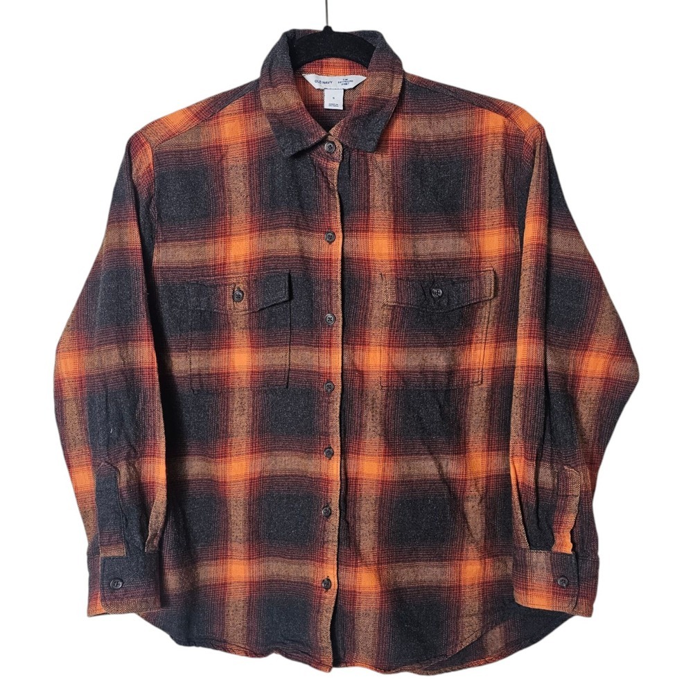Old Navy Small Boyfriend Shirt Flannel Evermore Orange Black Fall Autumn Swift